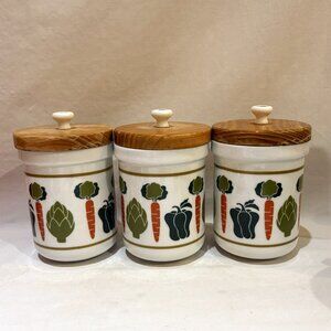Set of 3 Gallery Originals Vegetable Print Ceramic Pottery Canisters Wood Lid